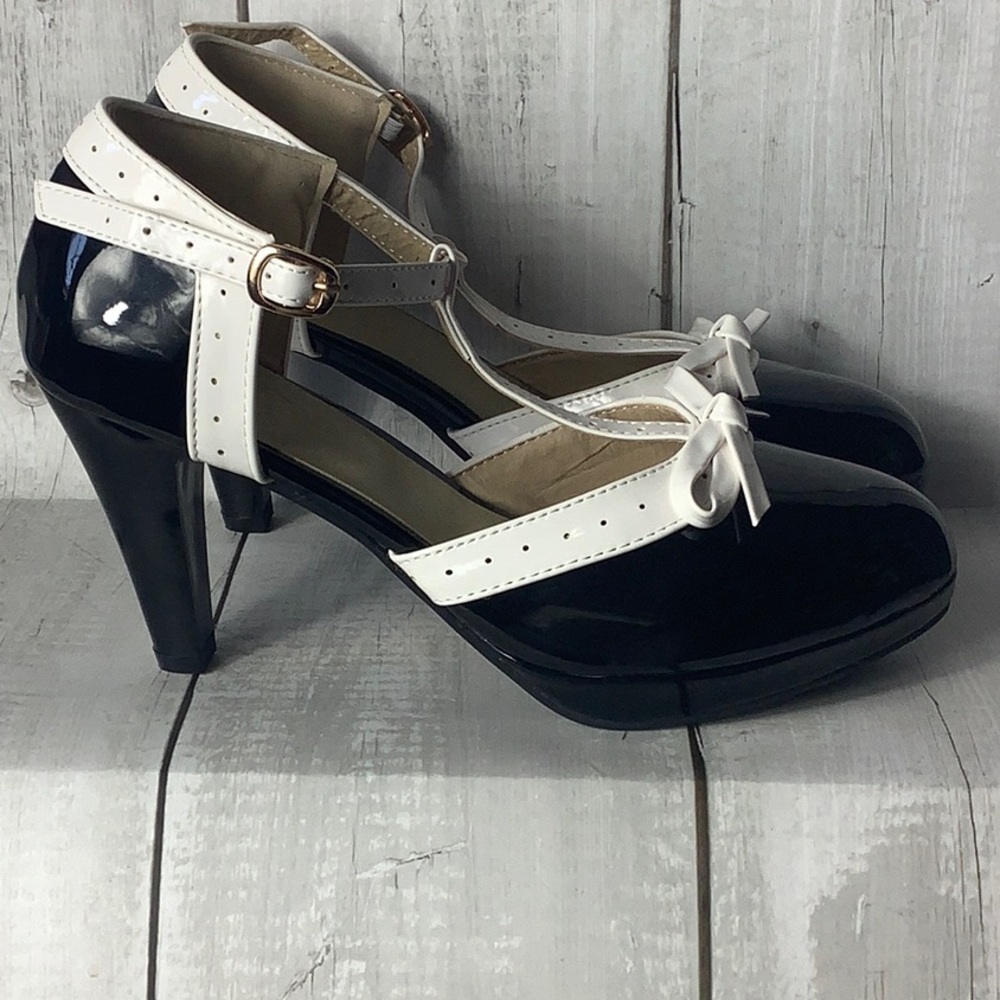 Elegant Black and White Women's T-strap Heels - Picture 2 of 6